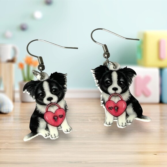 Jaded Enterprises Jewelry - Adorable Heart Border Collie Dog Acrylic Dangle Earrings - Valentine's Day Gift